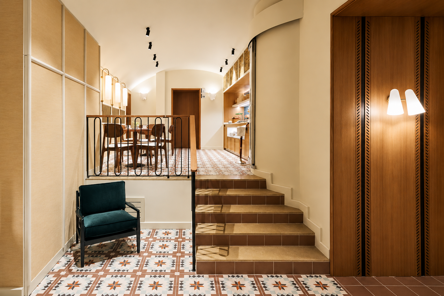 Interior de hotel con escaleras, suelo hidráulico y apliques de pared de luz cálida