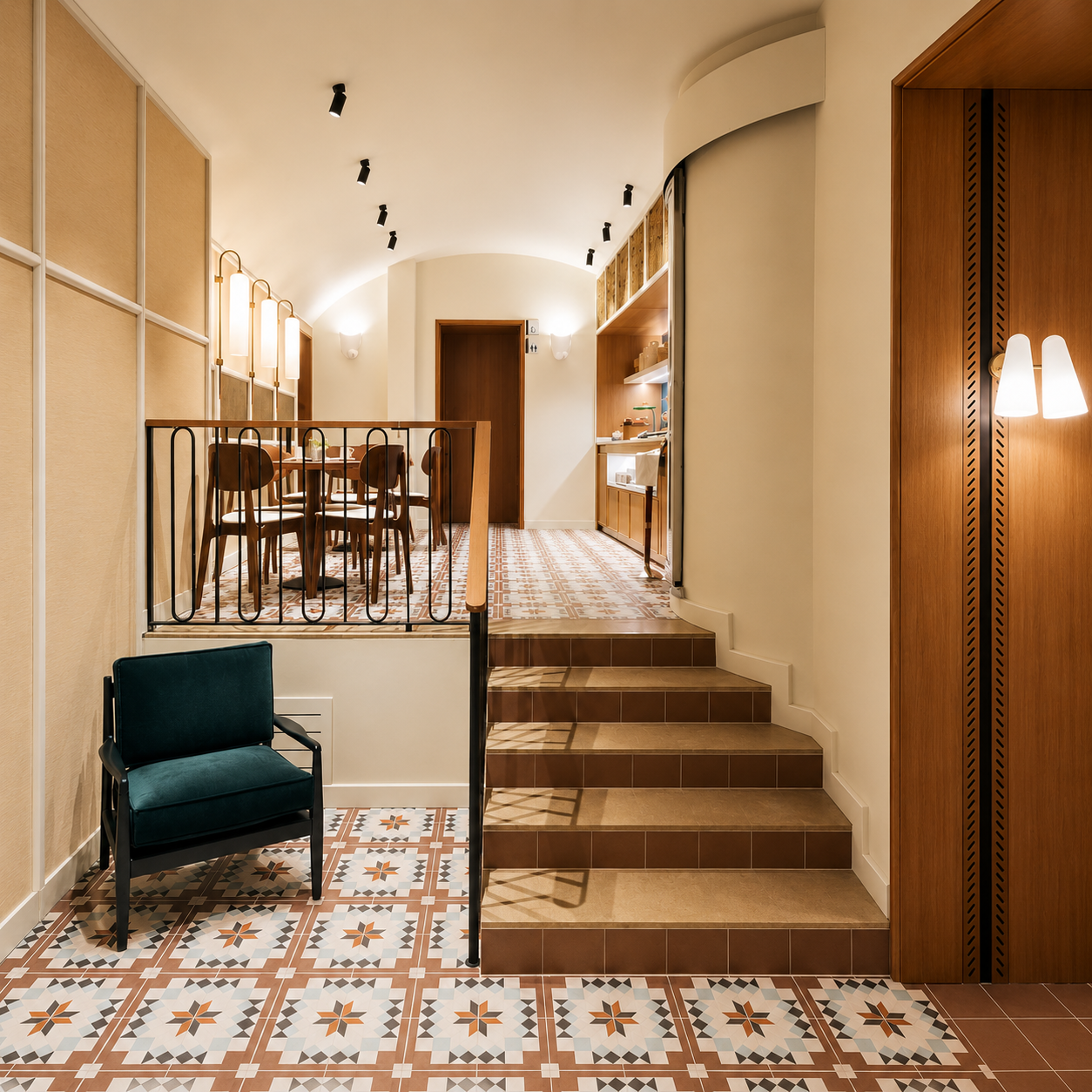 Zona de desayunos de hotel con apliques verticales, mesas de madera y suelo hidráulico