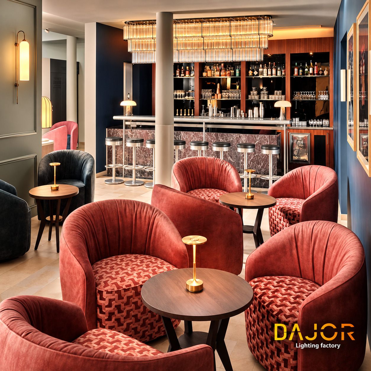 Interior de bar y lounge elegante con sillones de terciopelo rojo, barra revestida en piedra, luminarias decorativas de cristal y lámparas de sobremesa, proyecto de iluminación DAJOR.