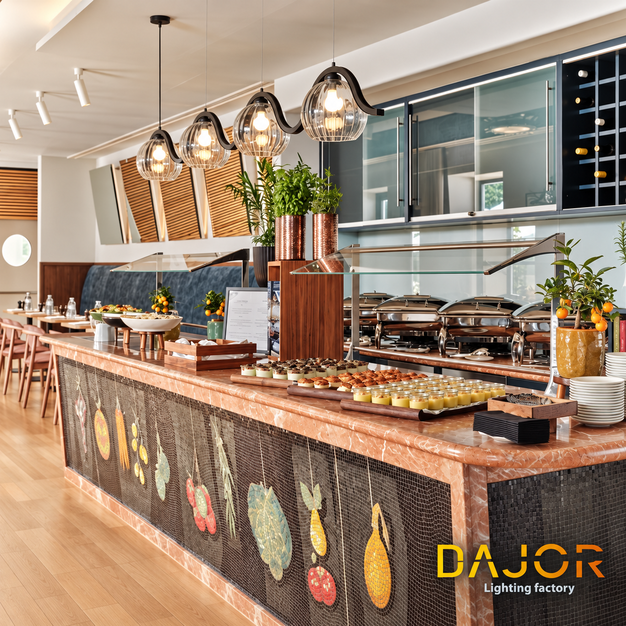 Buffet de restaurante de hotel con luminarias colgantes de cristal sobre mostrador de piedra y zona de servicio.
