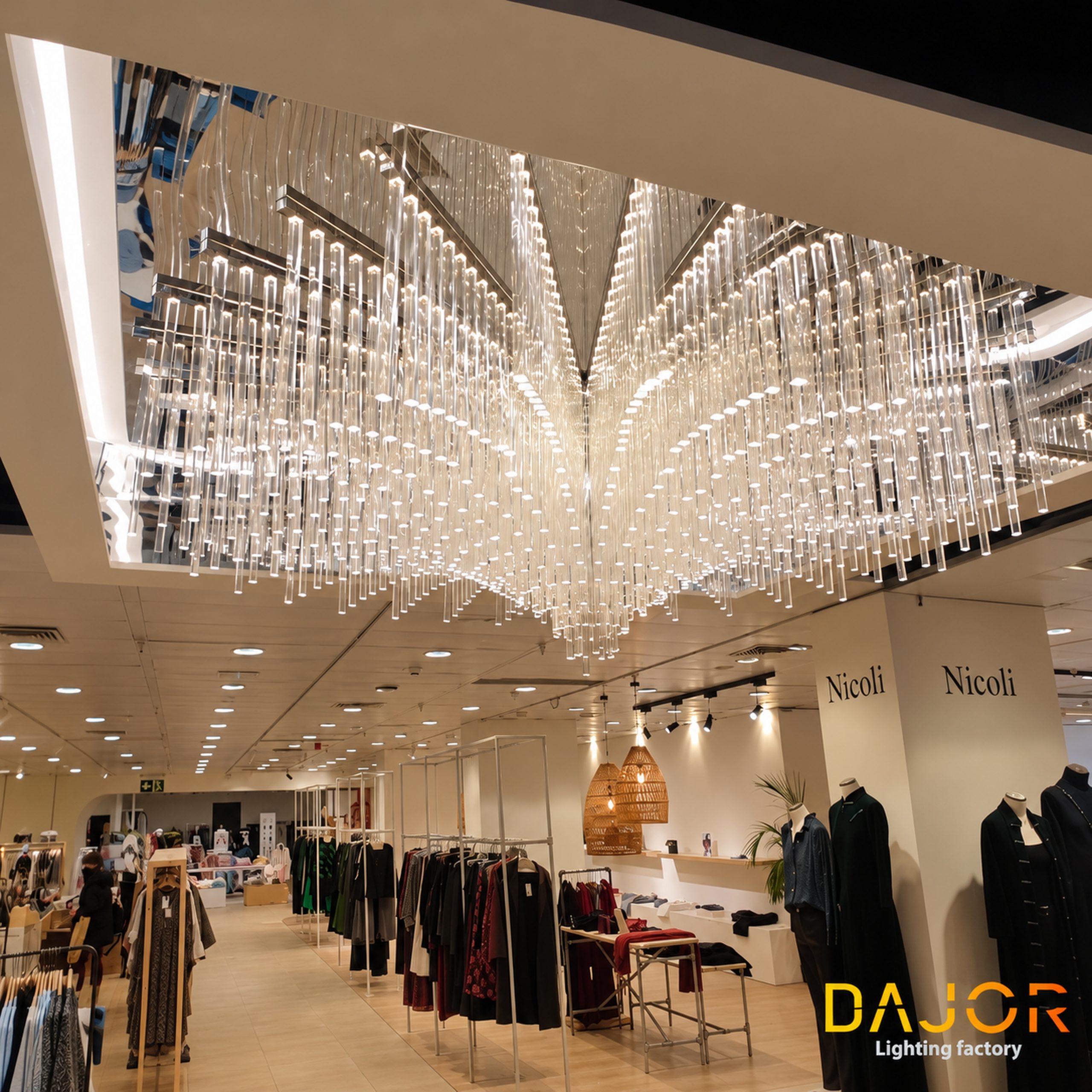 Luminaria de gran formato con varillas de metacrilato bajo una superficie espejada, instalada sobre una zona comercial de El Corte Inglés.