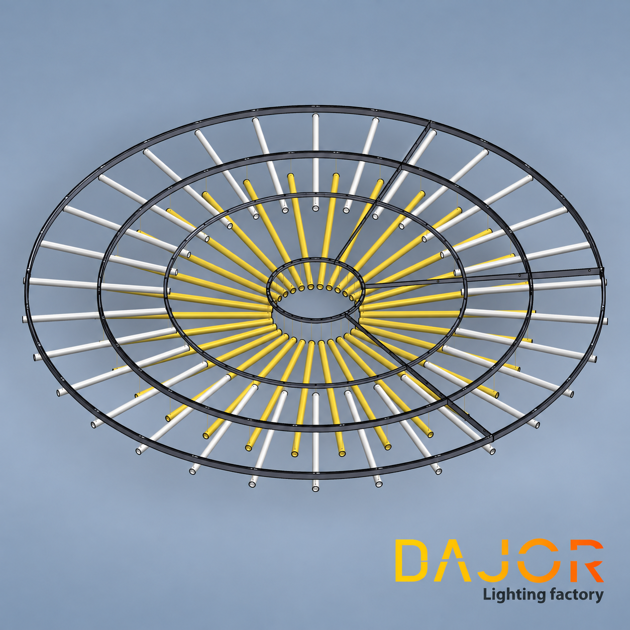 Modelo 3D de la luminaria circular con aros concéntricos y tubos dispuestos radialmente en dos niveles.
