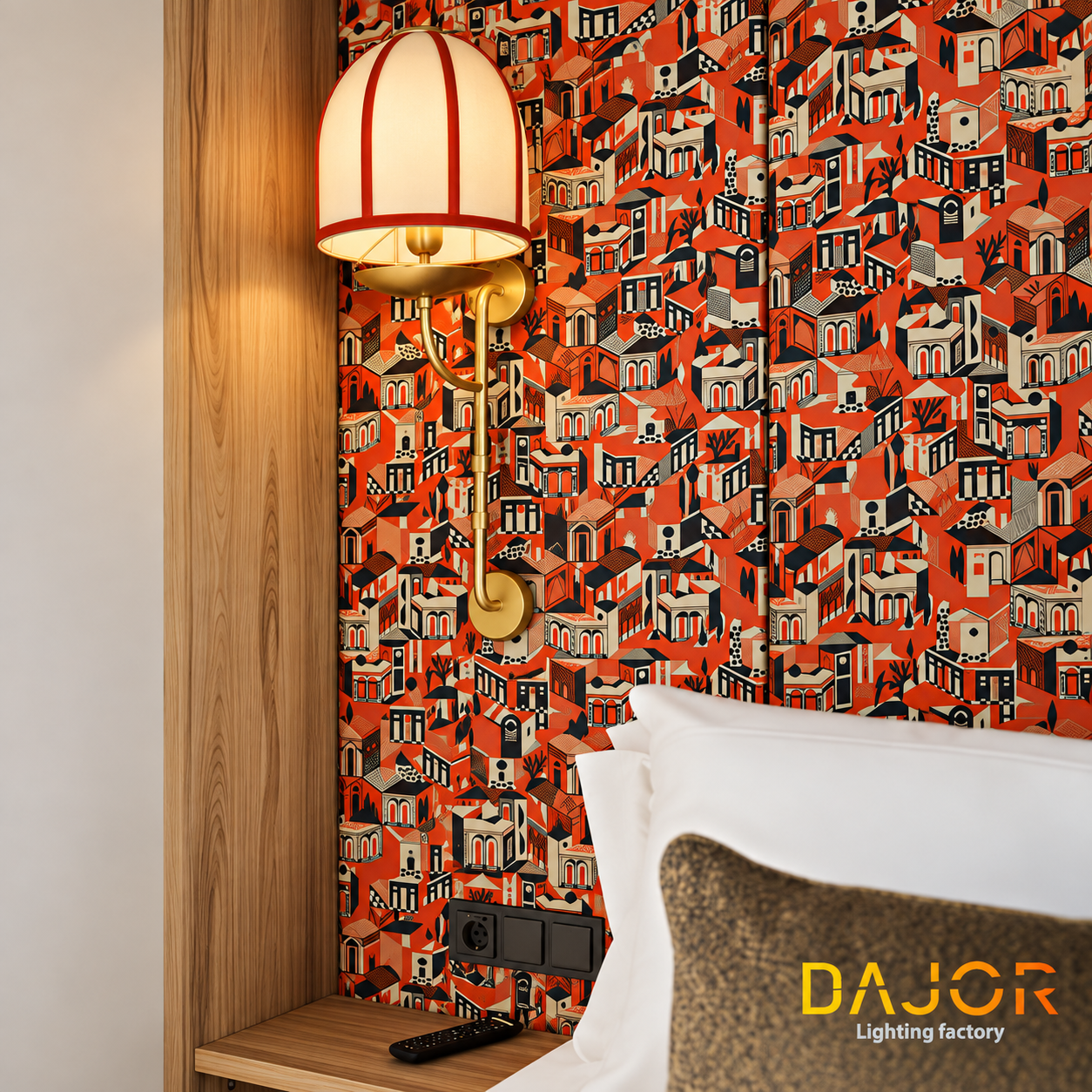Aplique decorativo de pared con pantalla textil blanca, detalles rojos y estructura dorada junto al cabecero de una habitación de hotel.