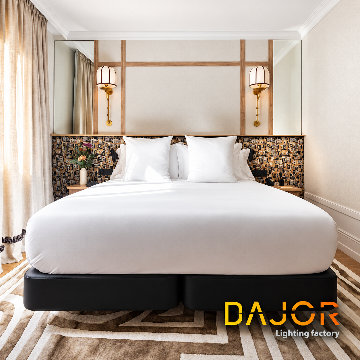 Habitación de hotel con cama doble, cabecero decorativo de madera y dos apliques de pared con pantalla textil y acabado dorado.