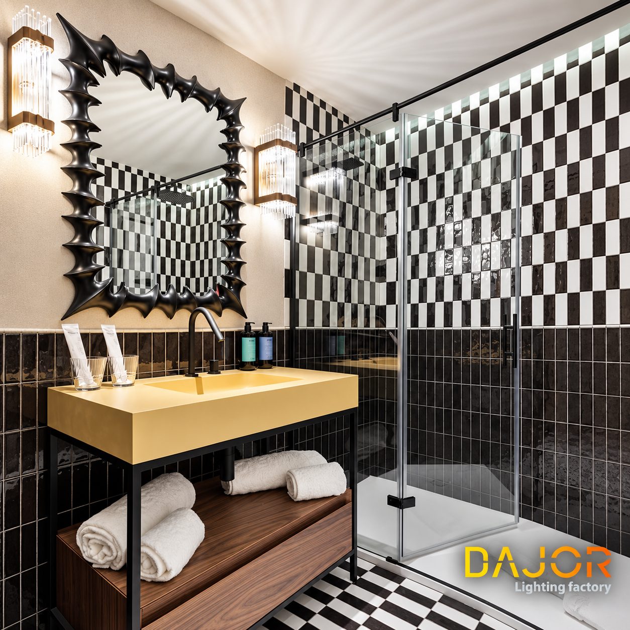 Baño de hotel con azulejos blancos y negros, lavabo dorado, gran espejo decorativo y apliques de cristal a ambos lados.