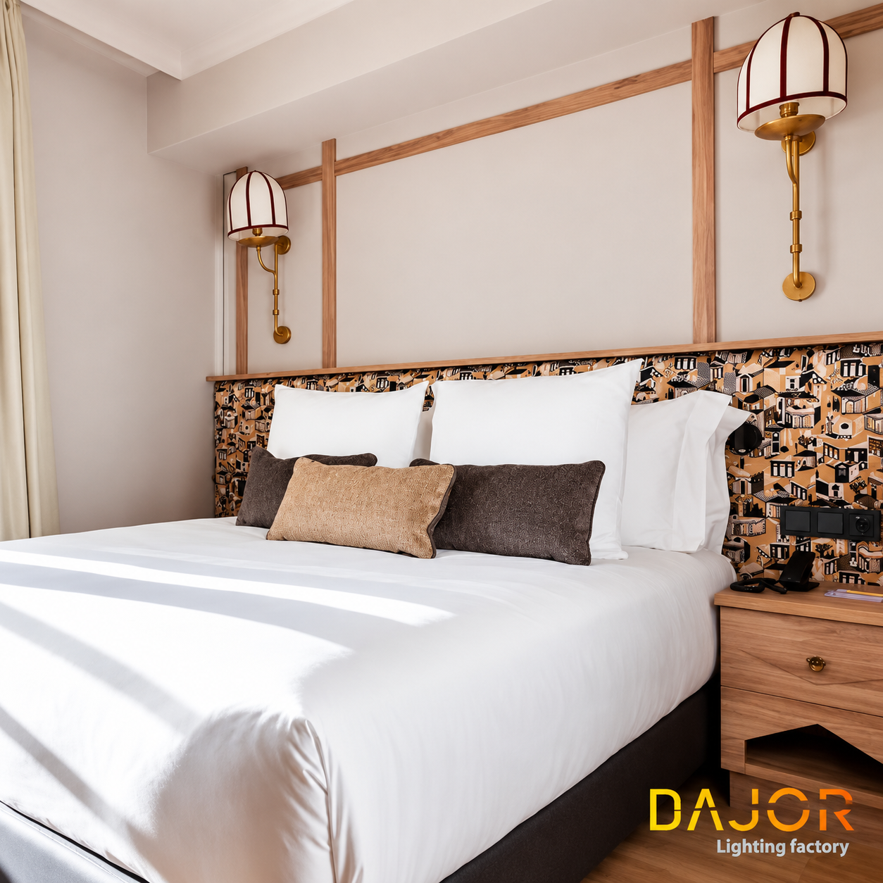 Dormitorio de hotel con cama blanca, cabecero estampado, mesita de madera y apliques decorativos de pared en acabado dorado.