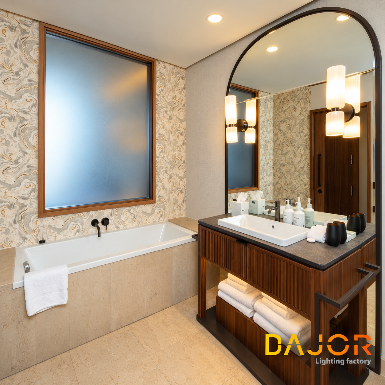 Aplique blanco y negro junto al espejo del lavabo, con mueble de madera y una ventana con vistas a palmeras.
